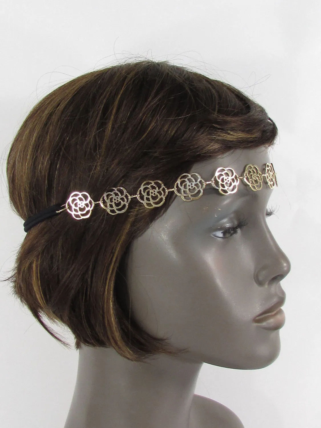 Gold Metal Head Band Chain Black Elastic Band Multi Flowers