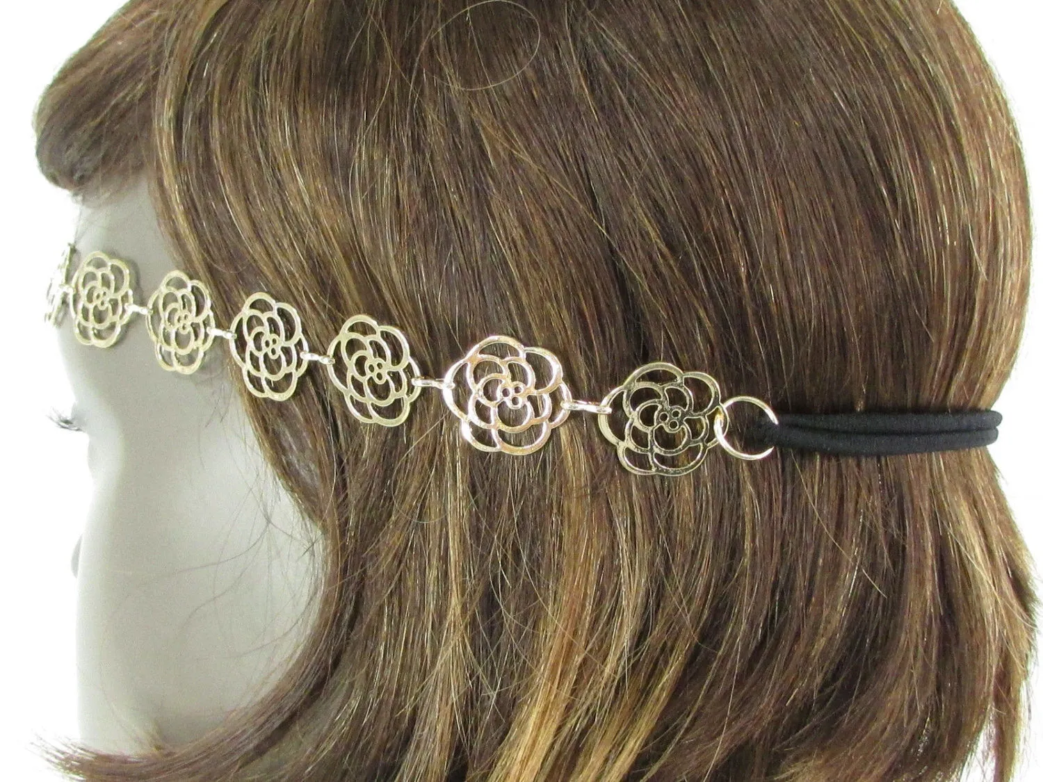 Gold Metal Head Band Chain Black Elastic Band Multi Flowers