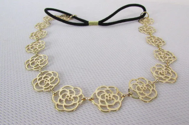 Gold Metal Head Band Chain Black Elastic Band Multi Flowers
