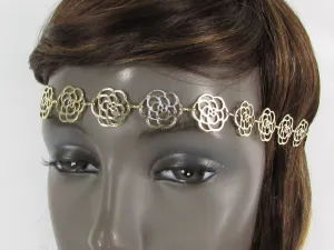 Gold Metal Head Band Chain Black Elastic Band Multi Flowers