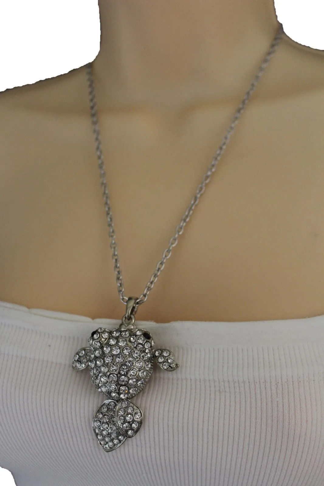 Gold Silver Metal Chains Fish Pendant Charm Rhinestones Long Necklace