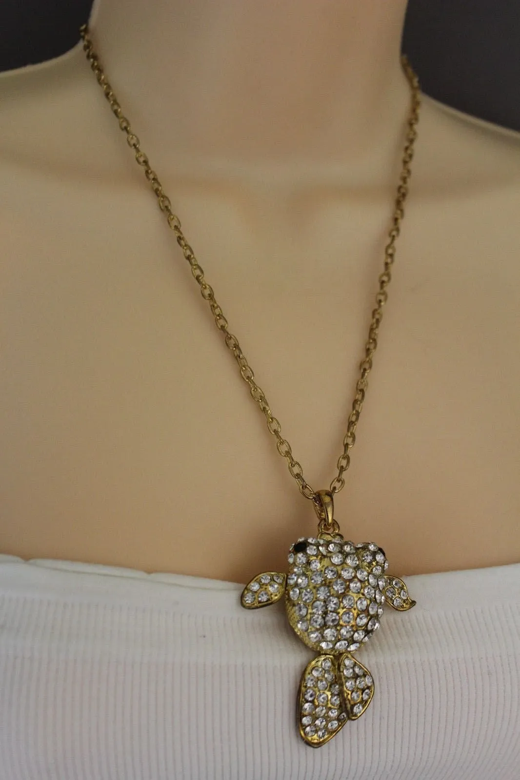 Gold Silver Metal Chains Fish Pendant Charm Rhinestones Long Necklace
