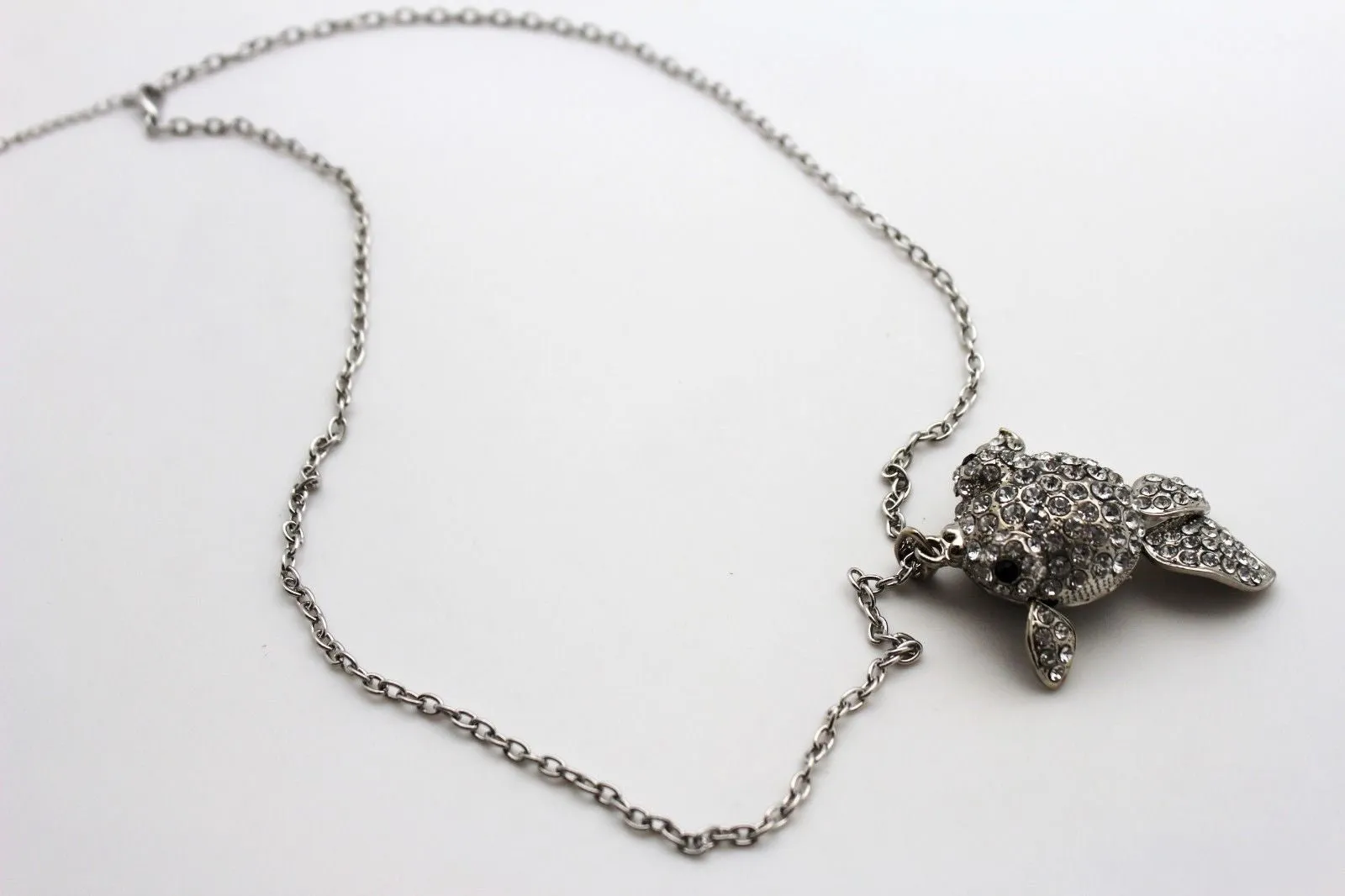 Gold Silver Metal Chains Fish Pendant Charm Rhinestones Long Necklace