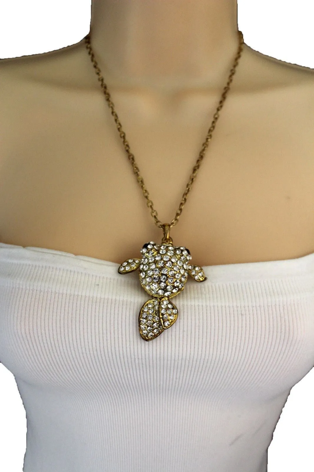 Gold Silver Metal Chains Fish Pendant Charm Rhinestones Long Necklace