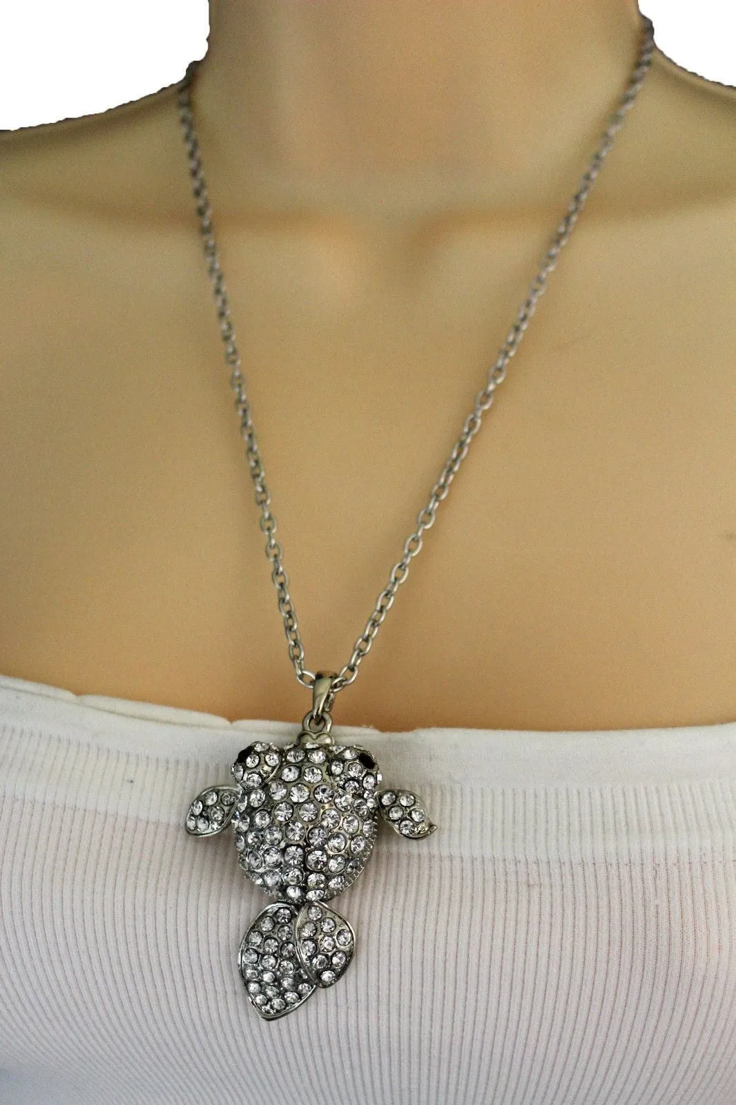 Gold Silver Metal Chains Fish Pendant Charm Rhinestones Long Necklace