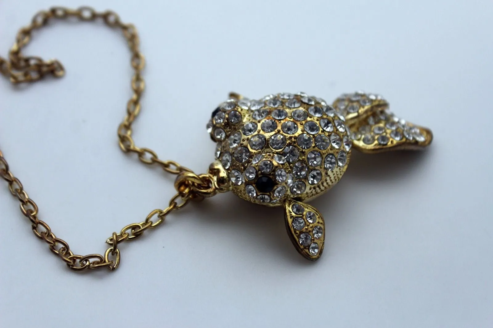 Gold Silver Metal Chains Fish Pendant Charm Rhinestones Long Necklace