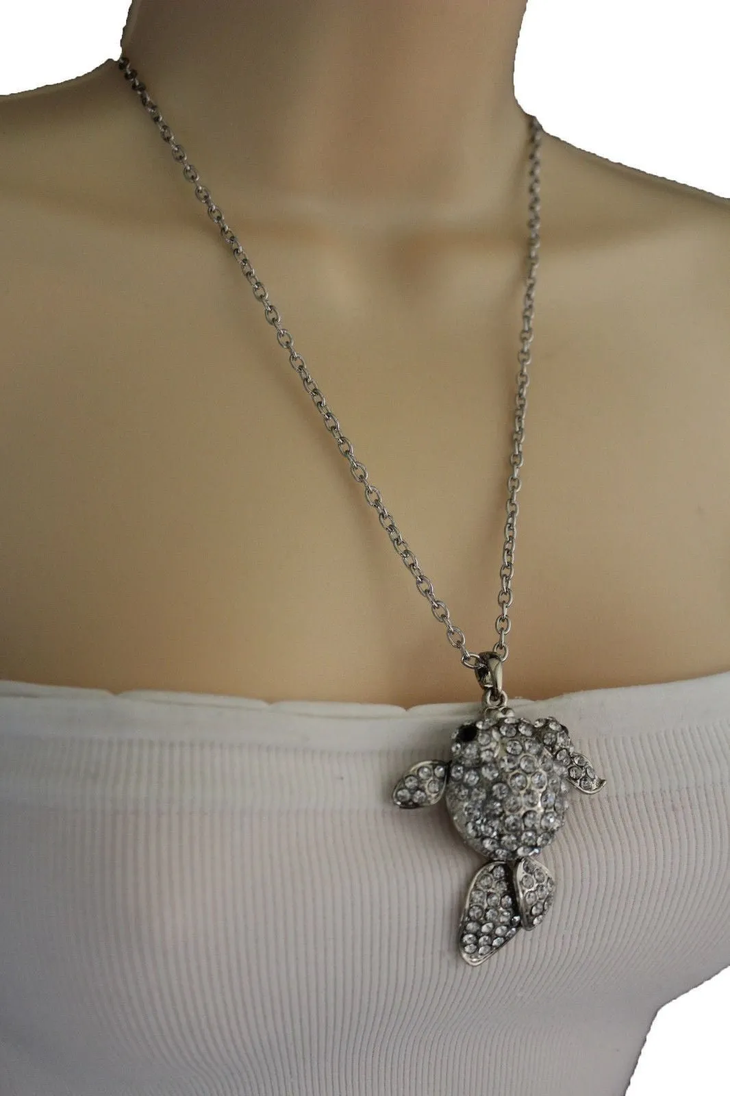 Gold Silver Metal Chains Fish Pendant Charm Rhinestones Long Necklace