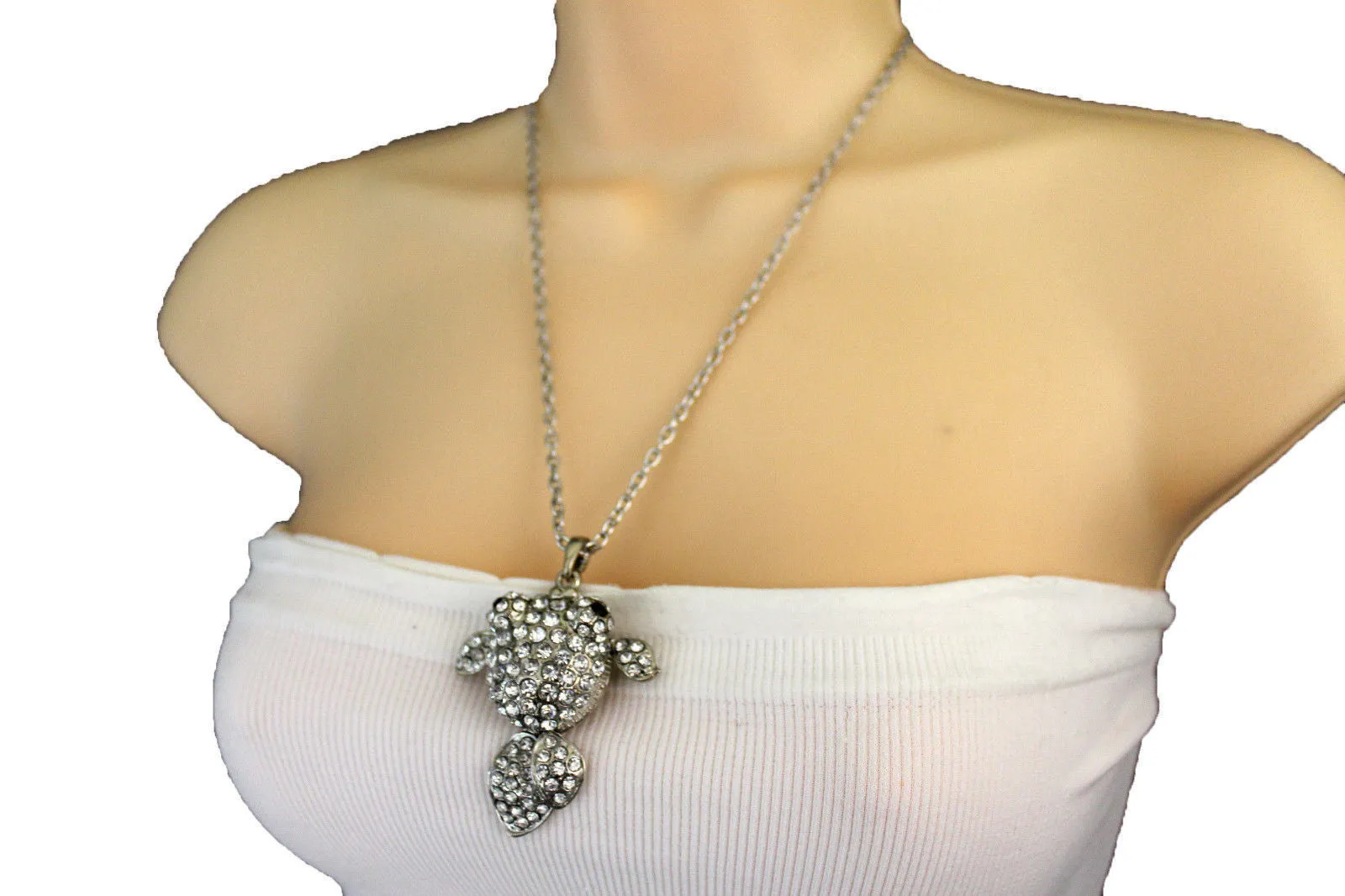 Gold Silver Metal Chains Fish Pendant Charm Rhinestones Long Necklace