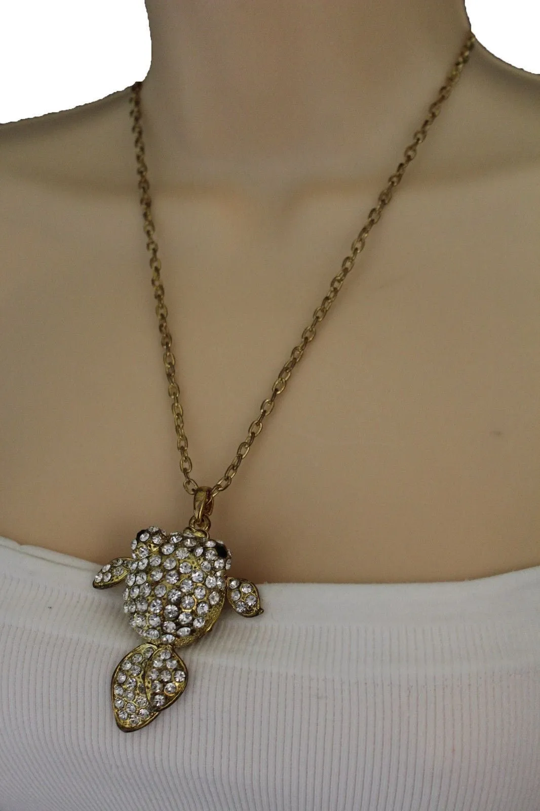 Gold Silver Metal Chains Fish Pendant Charm Rhinestones Long Necklace