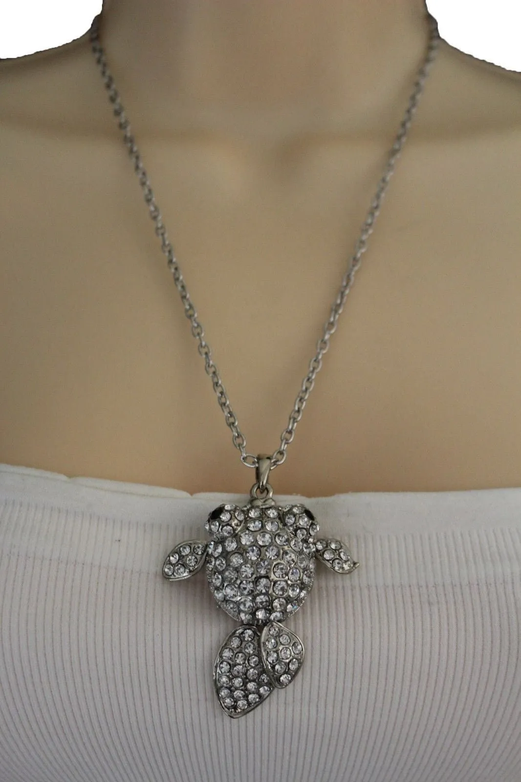 Gold Silver Metal Chains Fish Pendant Charm Rhinestones Long Necklace
