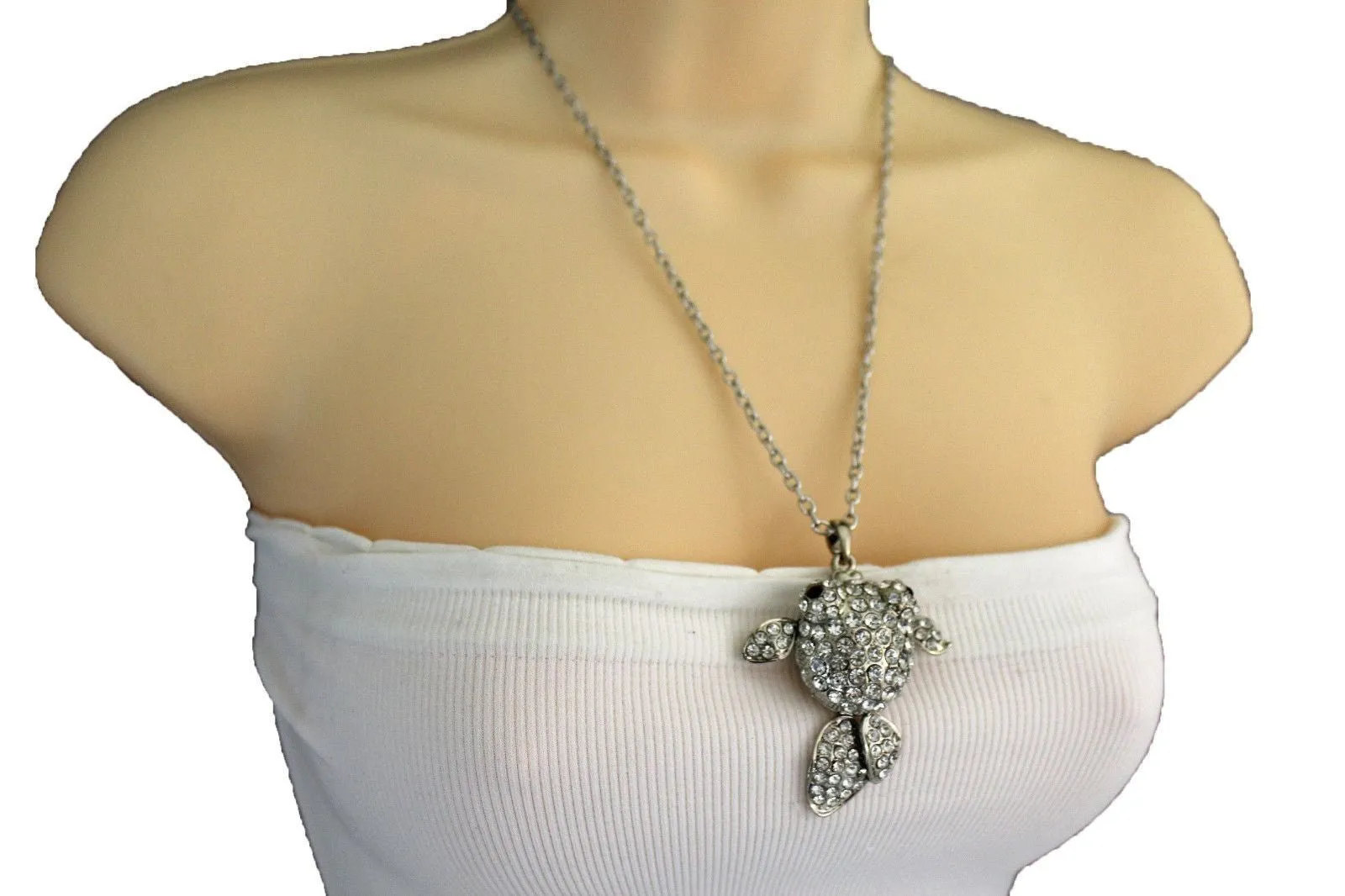 Gold Silver Metal Chains Fish Pendant Charm Rhinestones Long Necklace