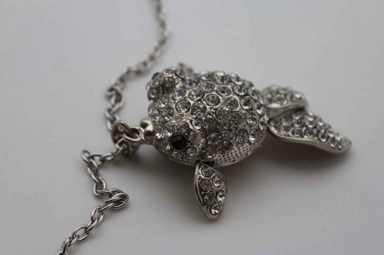 Gold Silver Metal Chains Fish Pendant Charm Rhinestones Long Necklace
