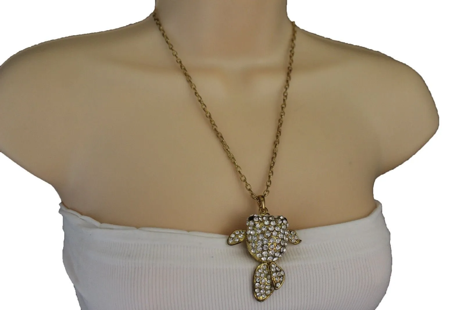 Gold Silver Metal Chains Fish Pendant Charm Rhinestones Long Necklace