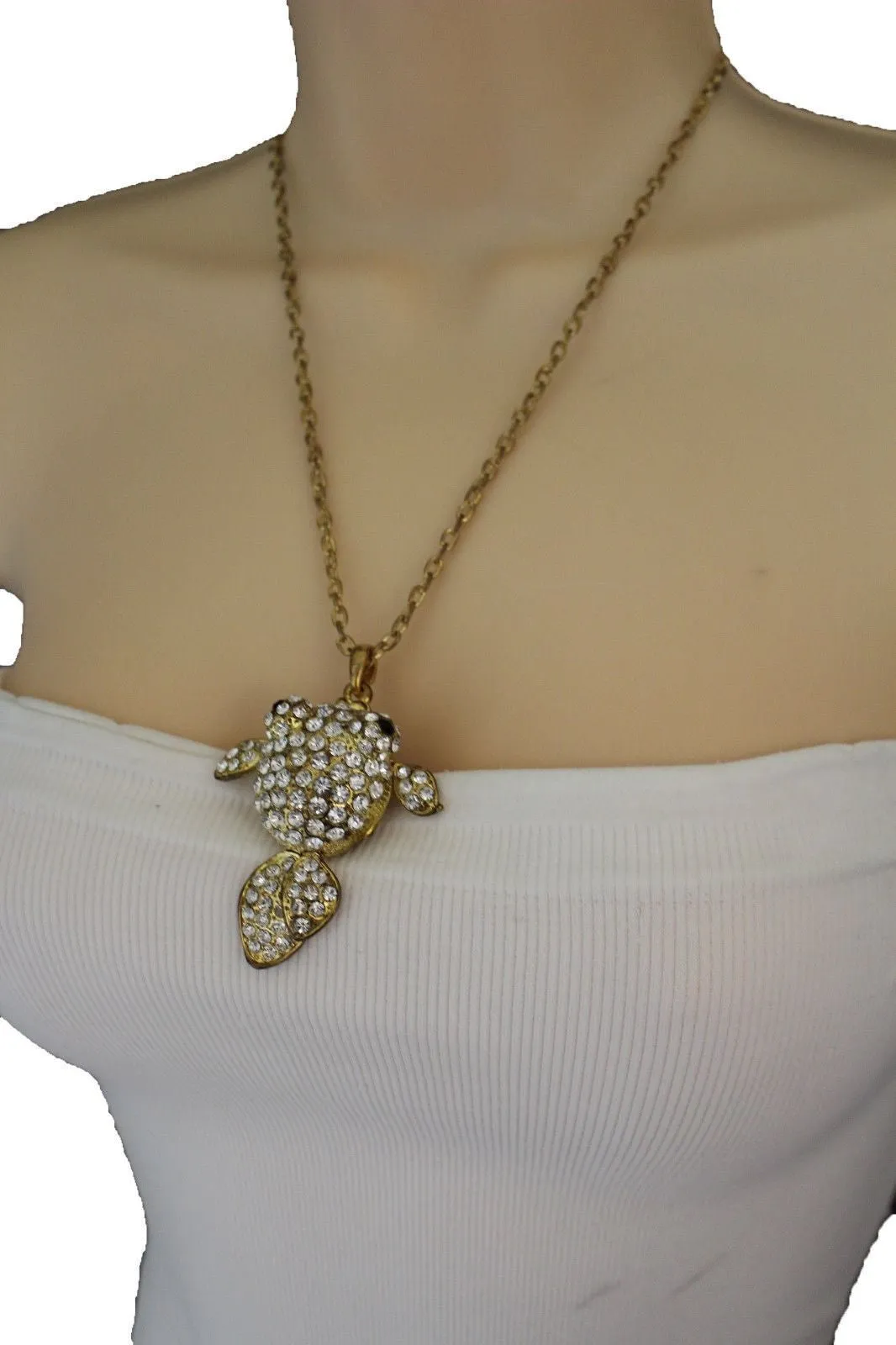 Gold Silver Metal Chains Fish Pendant Charm Rhinestones Long Necklace