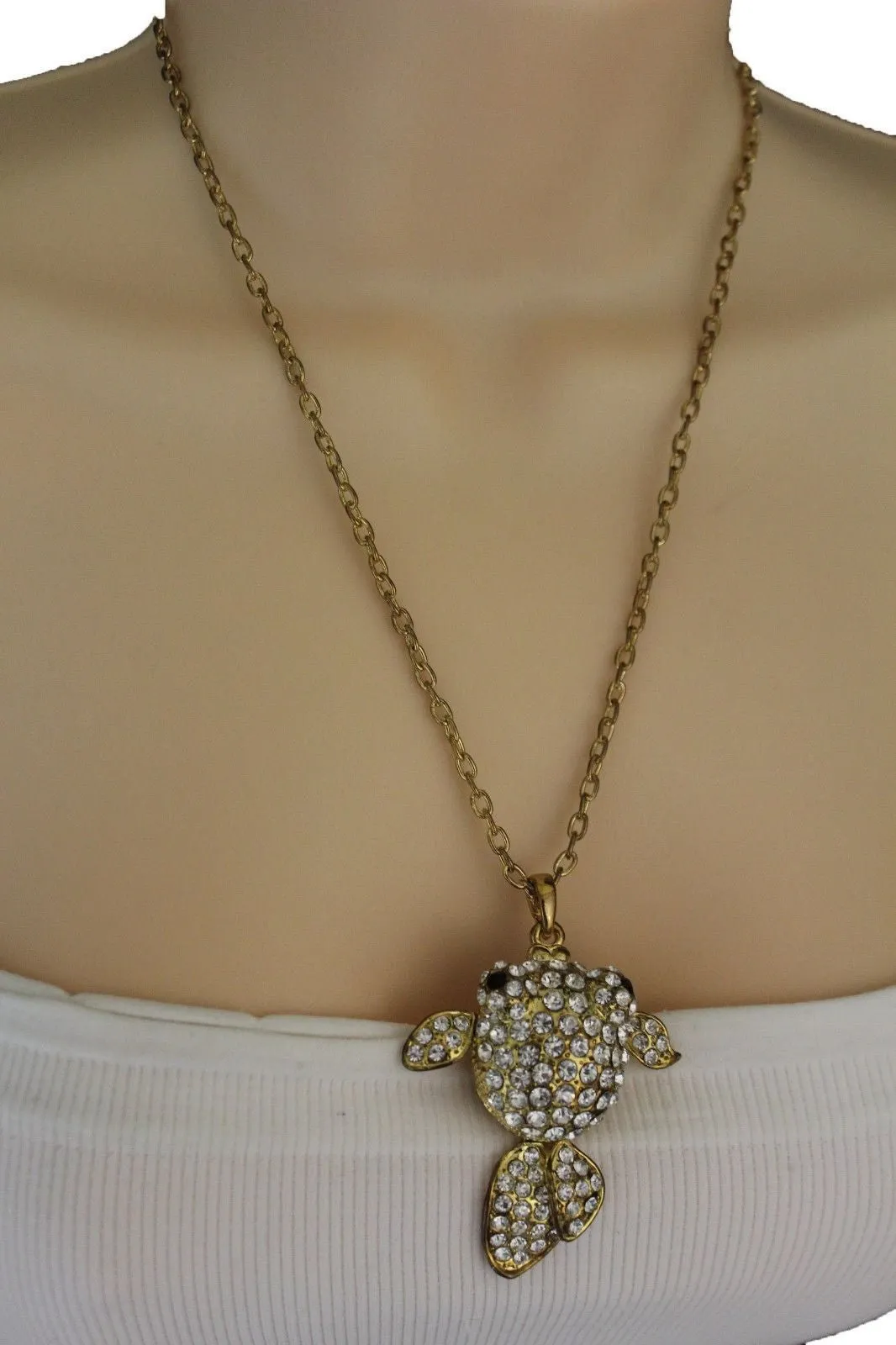 Gold Silver Metal Chains Fish Pendant Charm Rhinestones Long Necklace