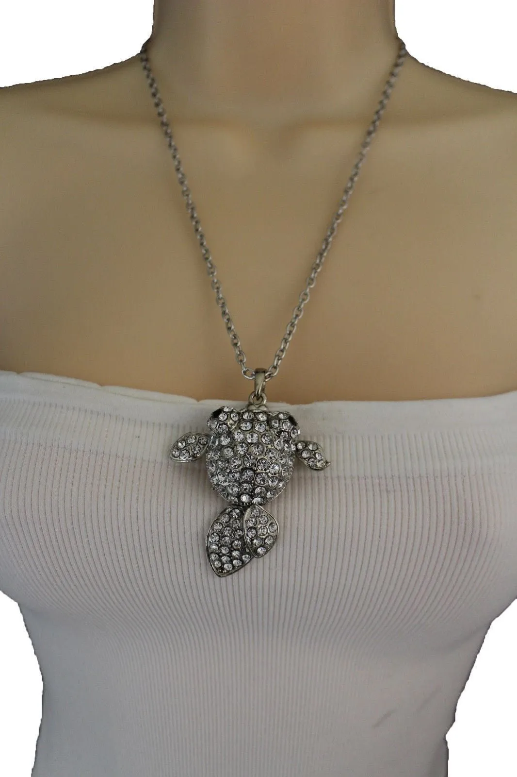 Gold Silver Metal Chains Fish Pendant Charm Rhinestones Long Necklace