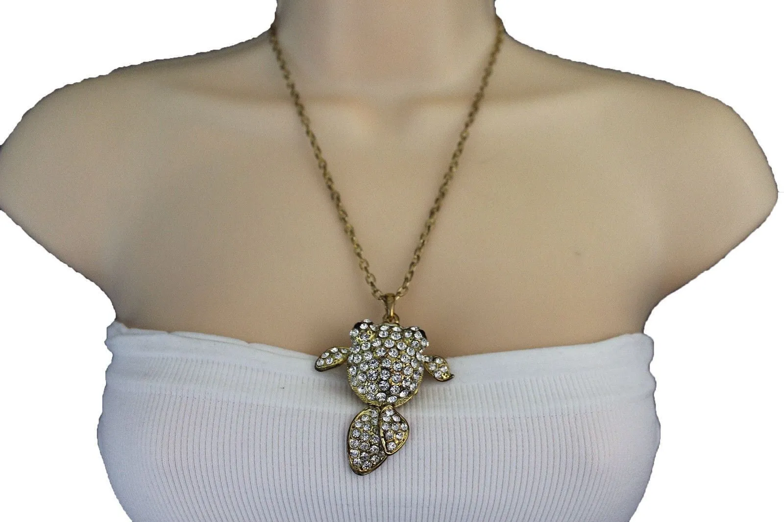 Gold Silver Metal Chains Fish Pendant Charm Rhinestones Long Necklace