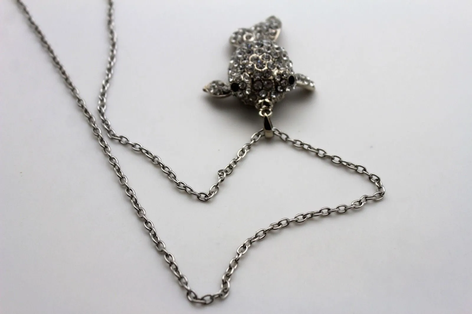 Gold Silver Metal Chains Fish Pendant Charm Rhinestones Long Necklace