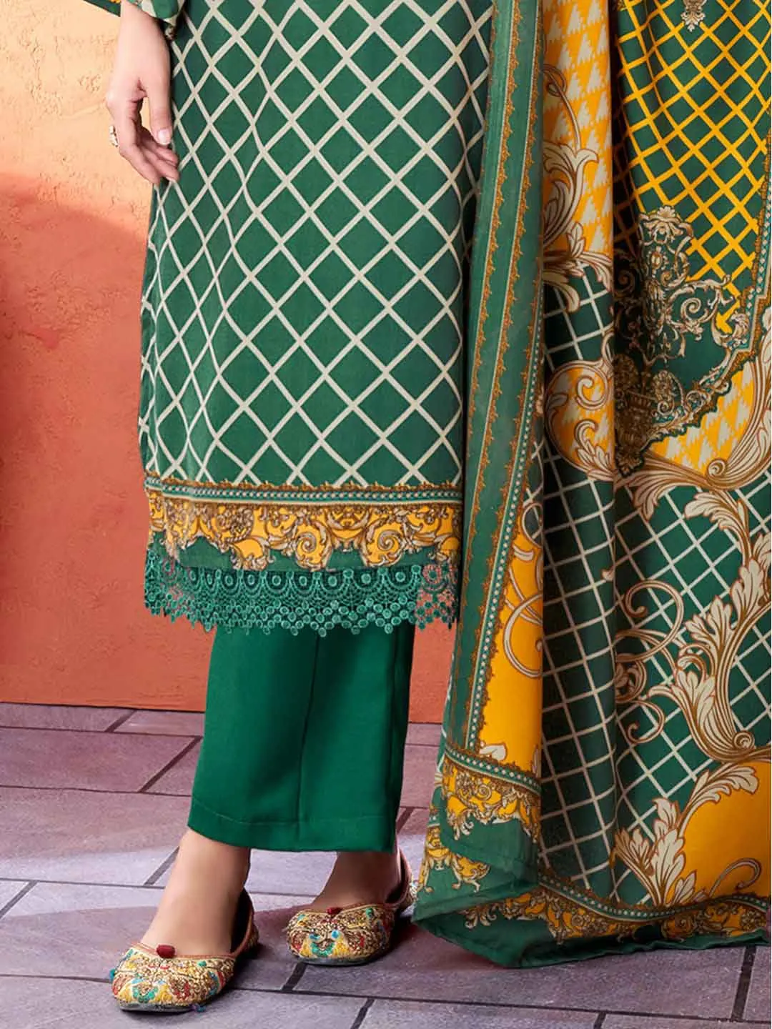 Green Pashmina Unstitched Winter Suit Dress Material for Women