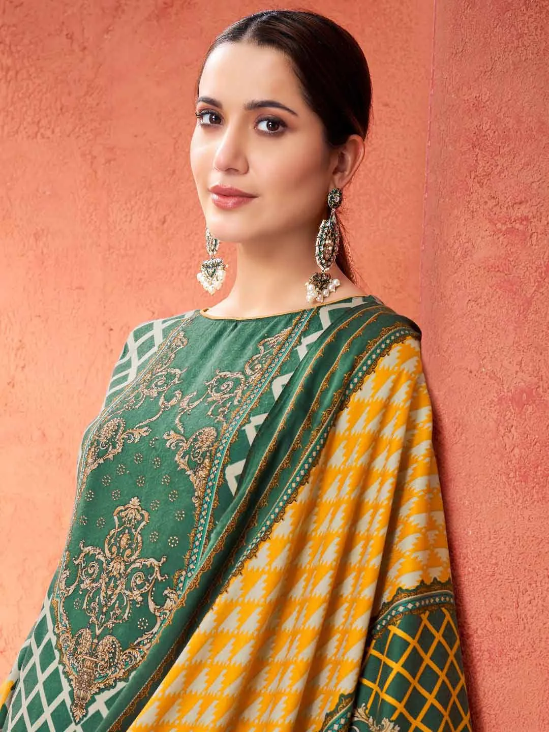 Green Pashmina Unstitched Winter Suit Dress Material for Women