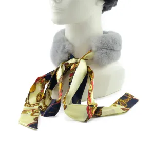 Grey Rex Rabbit Scarf with Navy/Gold Silk Ribbon