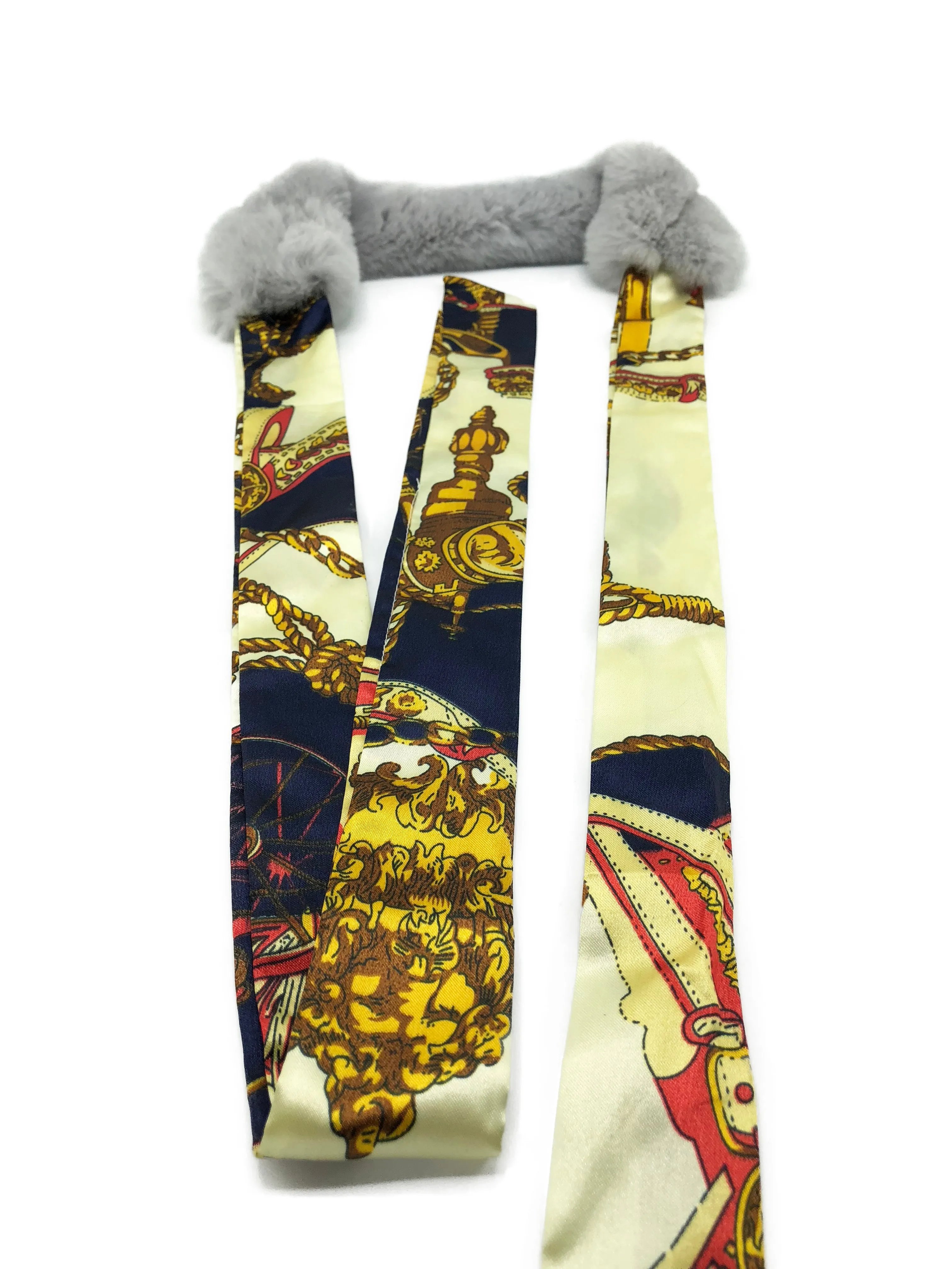 Grey Rex Rabbit Scarf with Navy/Gold Silk Ribbon