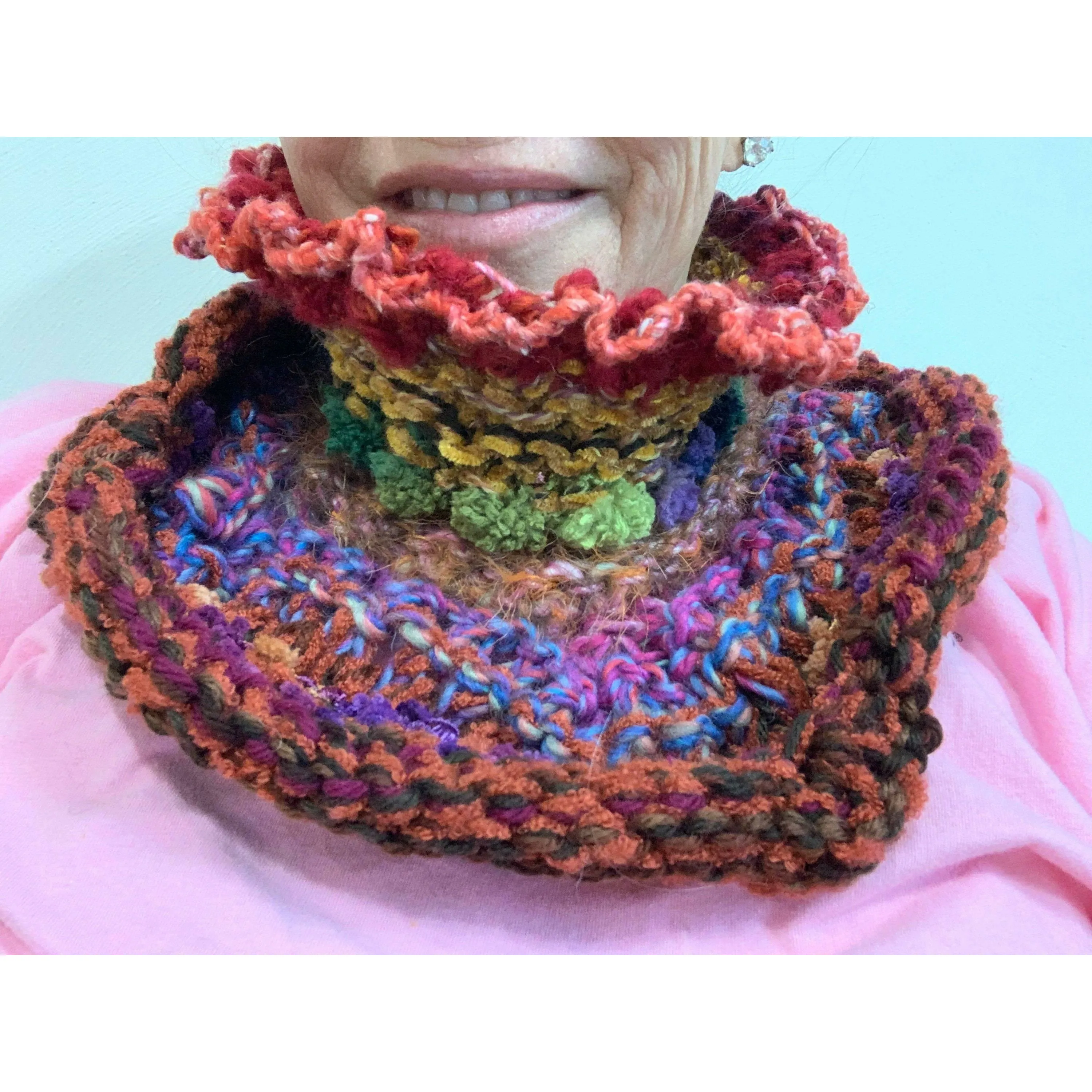 Hand knit in one piece soft infinity scarf adornment with multiple stitch and color textures. Winter scarf.