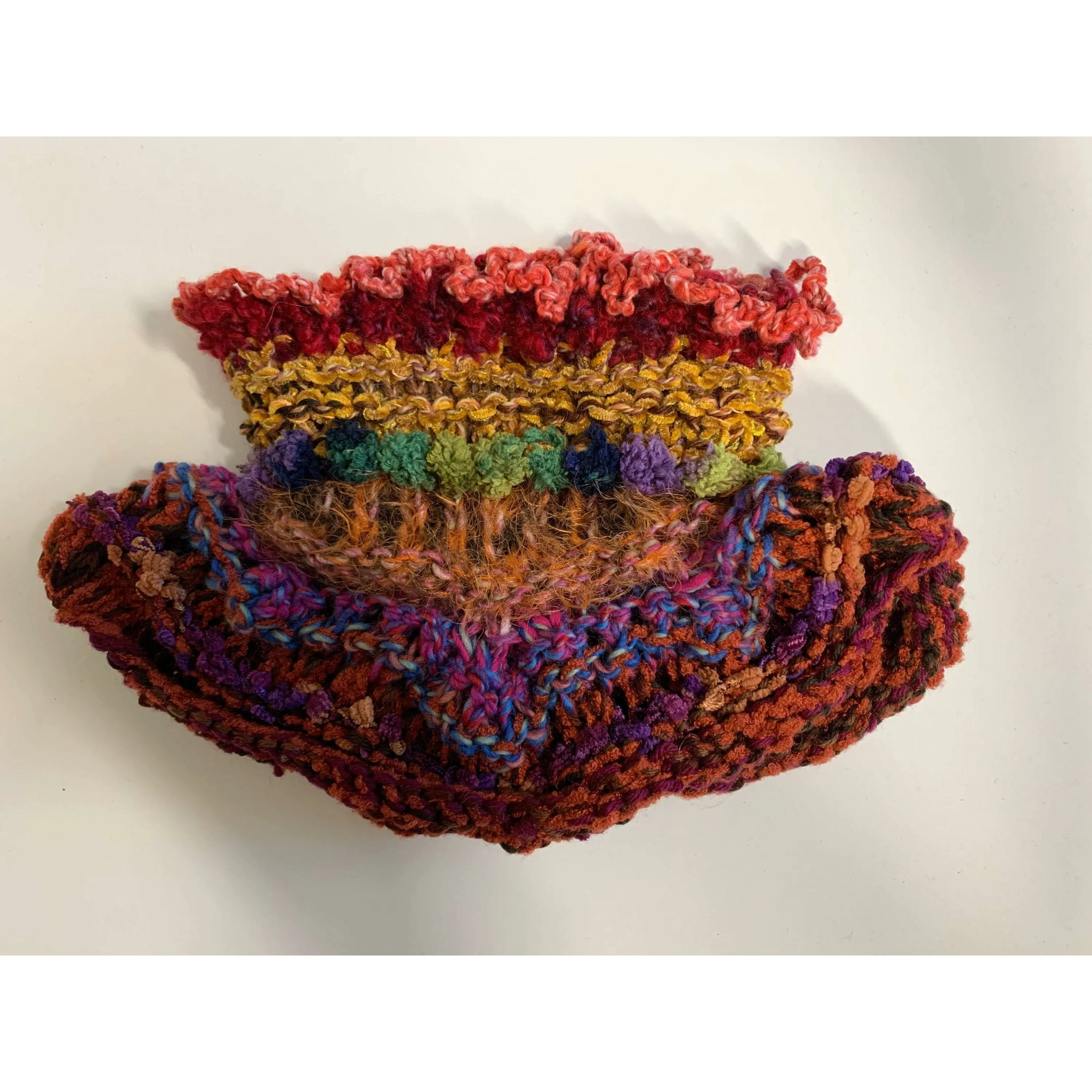 Hand knit in one piece soft infinity scarf adornment with multiple stitch and color textures. Winter scarf.