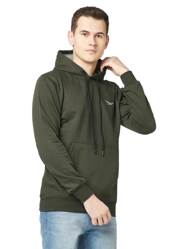 Hiflyers Men Olive Cotton Fleece Smart Fit  Solid Sweatshirt With Hood