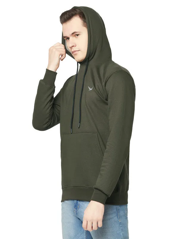 Hiflyers Men Olive Cotton Fleece Smart Fit  Solid Sweatshirt With Hood