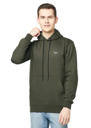 Hiflyers Men Olive Cotton Fleece Smart Fit  Solid Sweatshirt With Hood