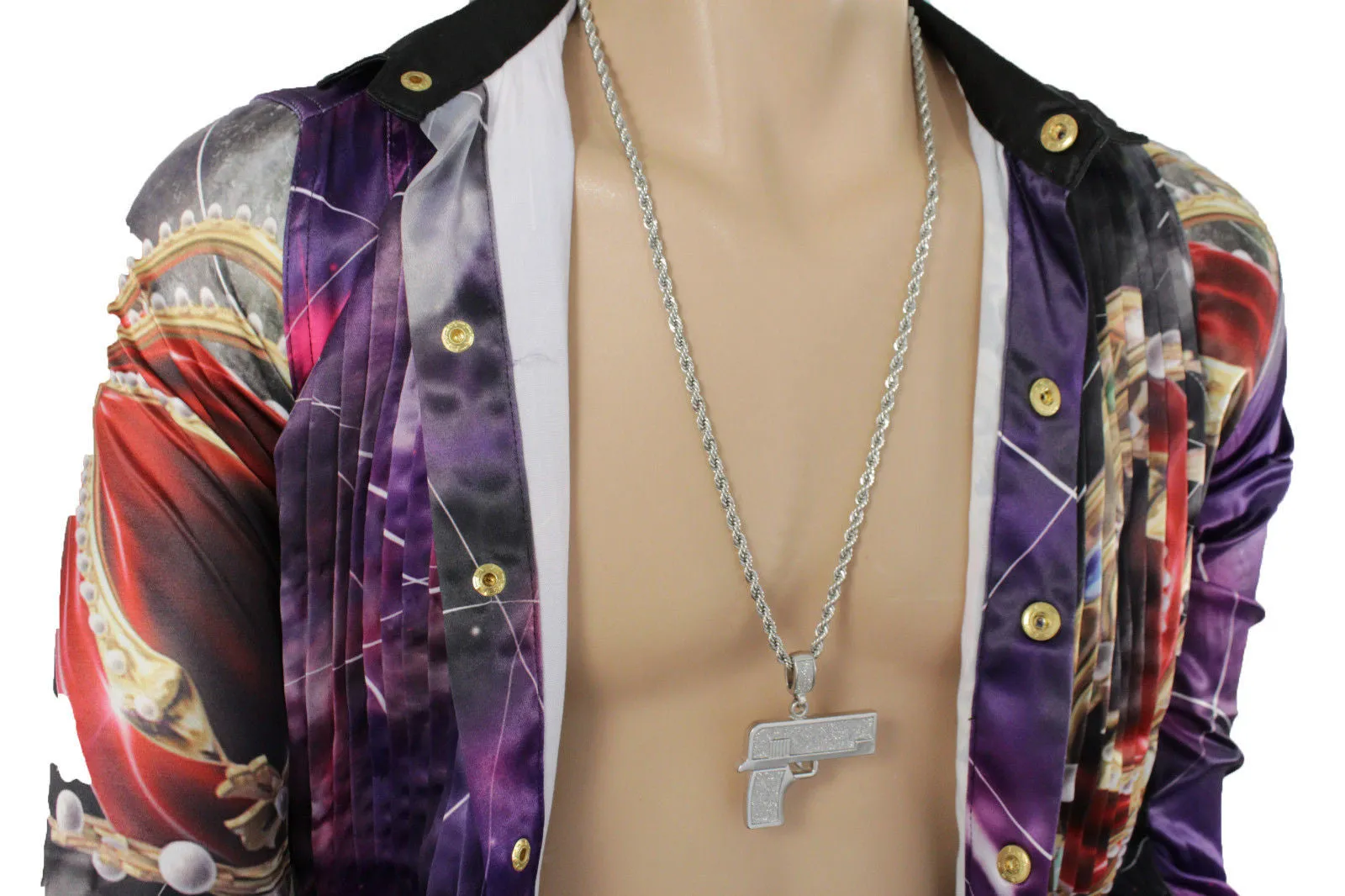 Iced Out Gun Pendant Long Metal Chain Necklace