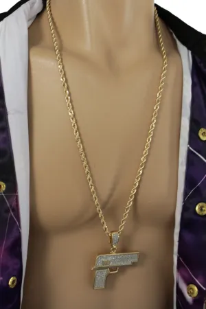 Iced Out Gun Pendant Long Metal Chain Necklace
