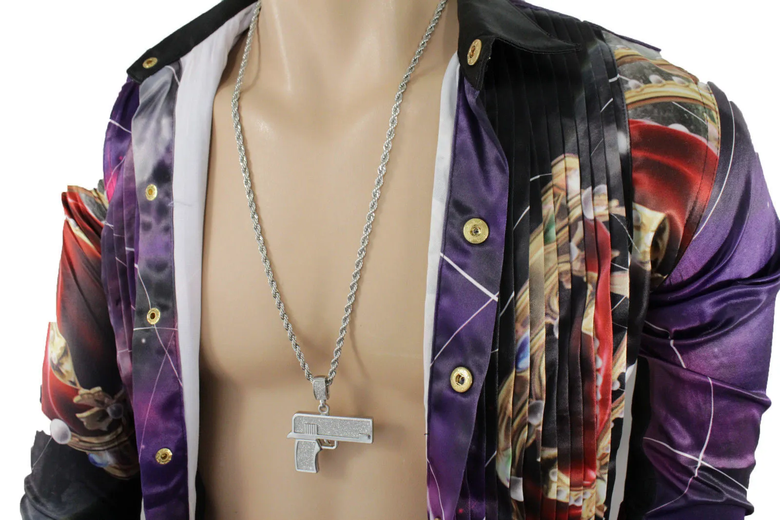 Iced Out Gun Pendant Long Metal Chain Necklace