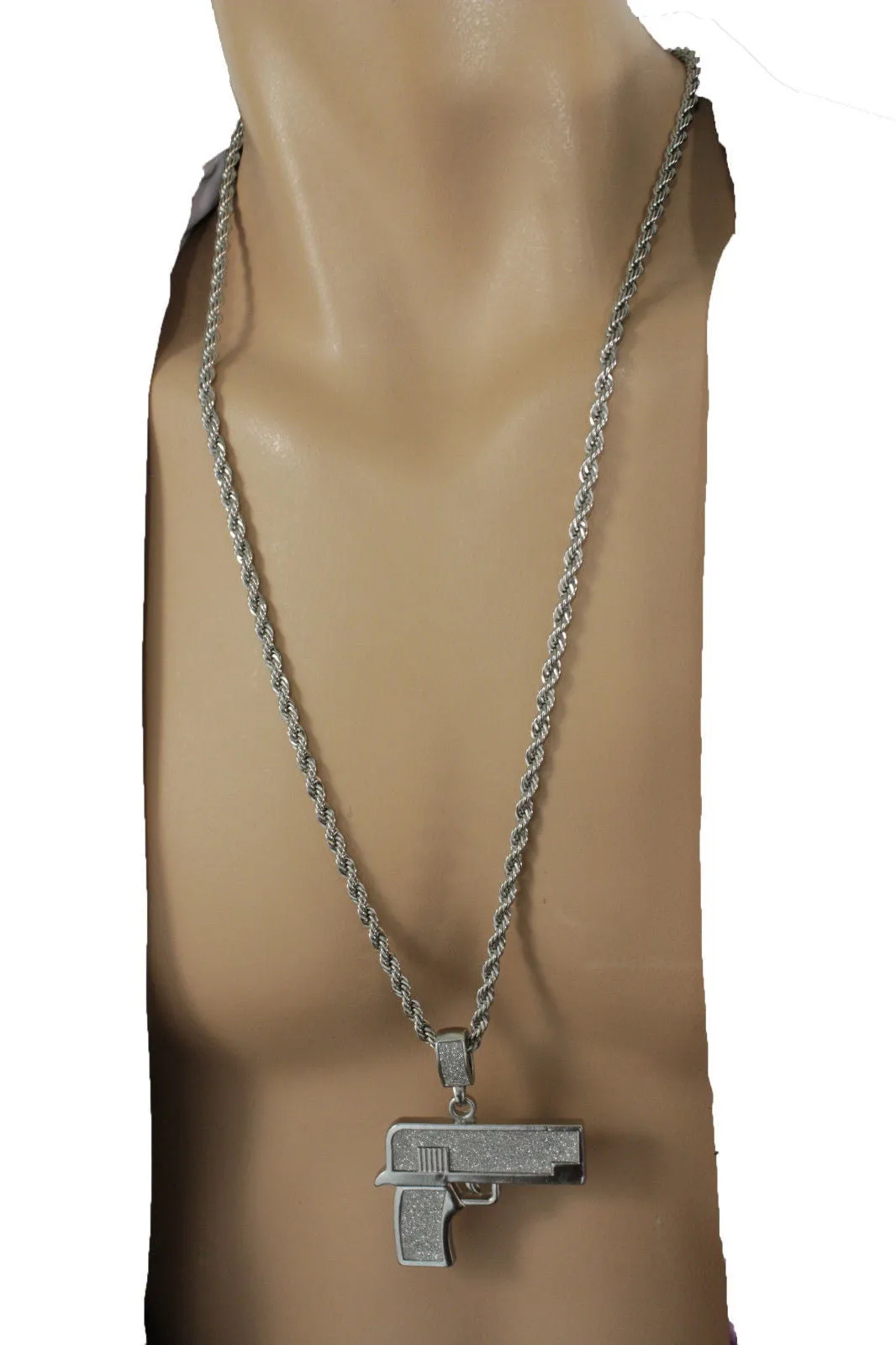 Iced Out Gun Pendant Long Metal Chain Necklace