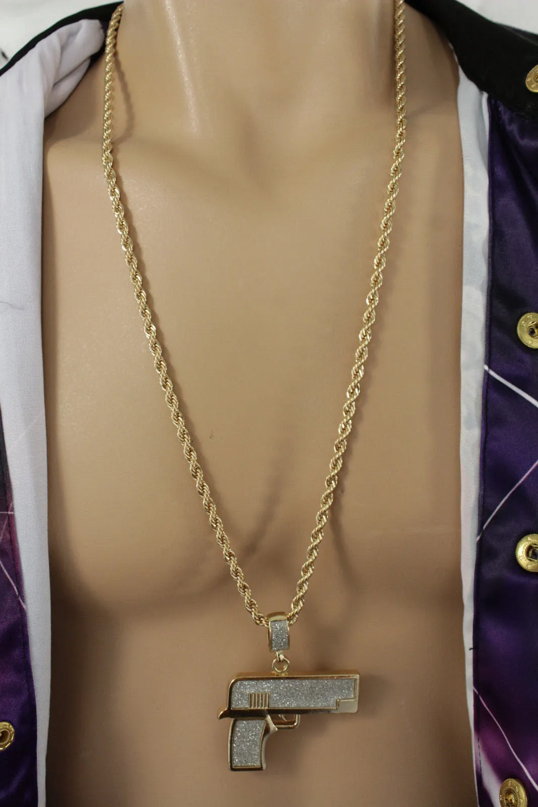 Iced Out Gun Pendant Long Metal Chain Necklace