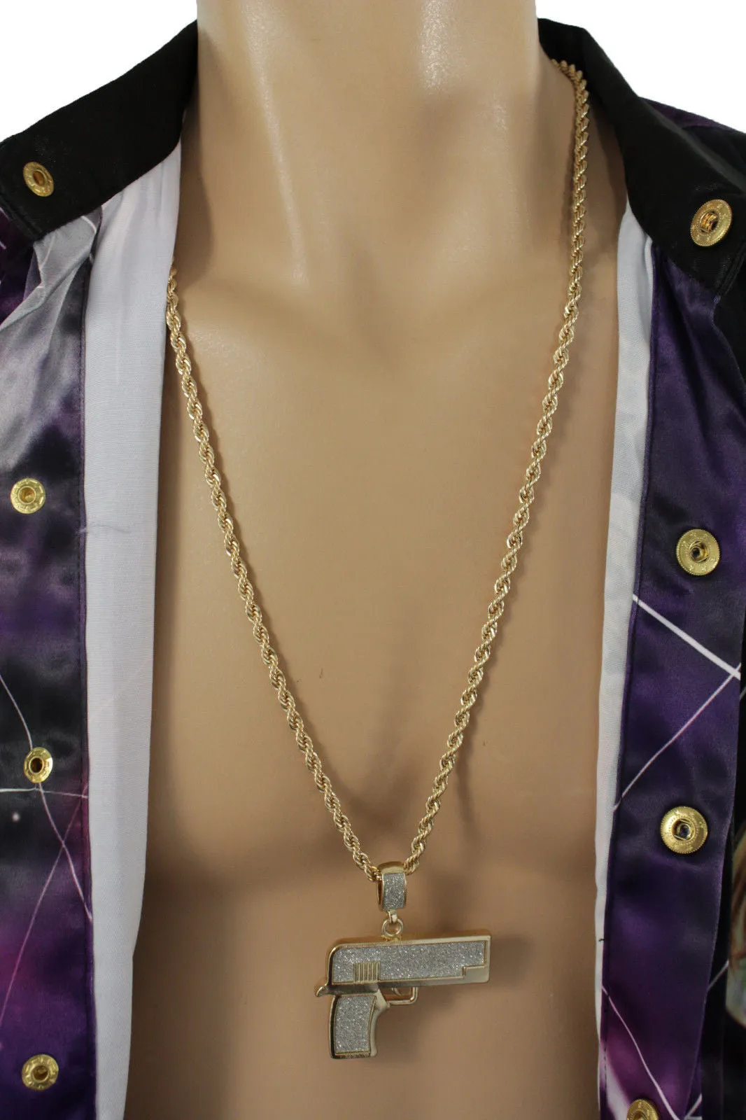 Iced Out Gun Pendant Long Metal Chain Necklace