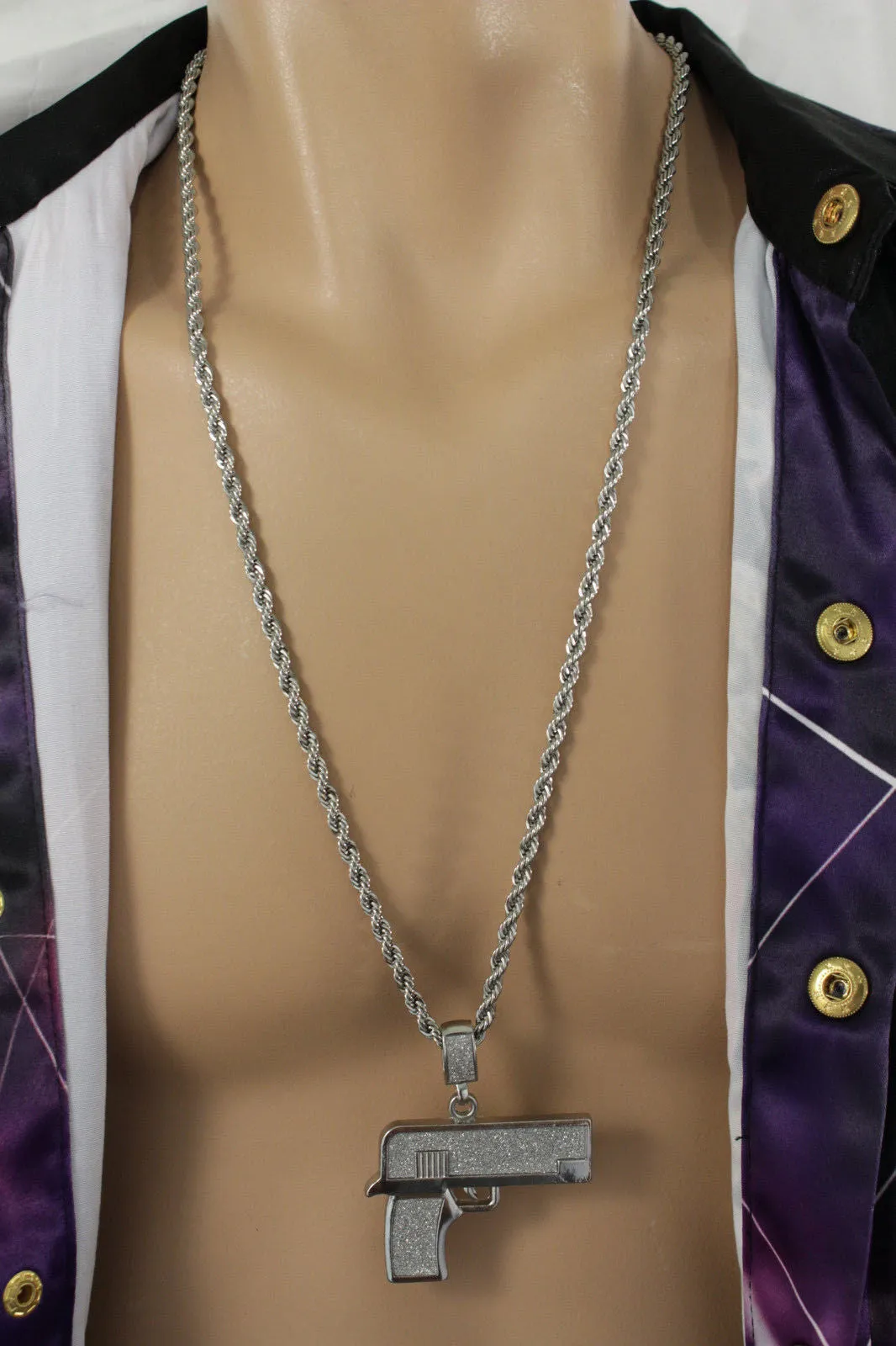 Iced Out Gun Pendant Long Metal Chain Necklace