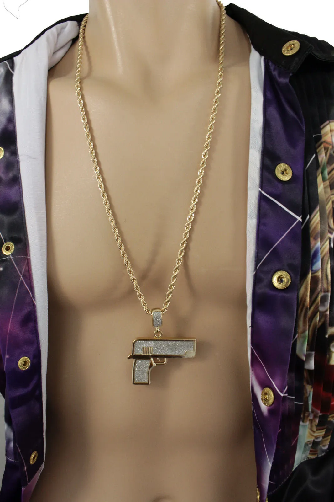 Iced Out Gun Pendant Long Metal Chain Necklace