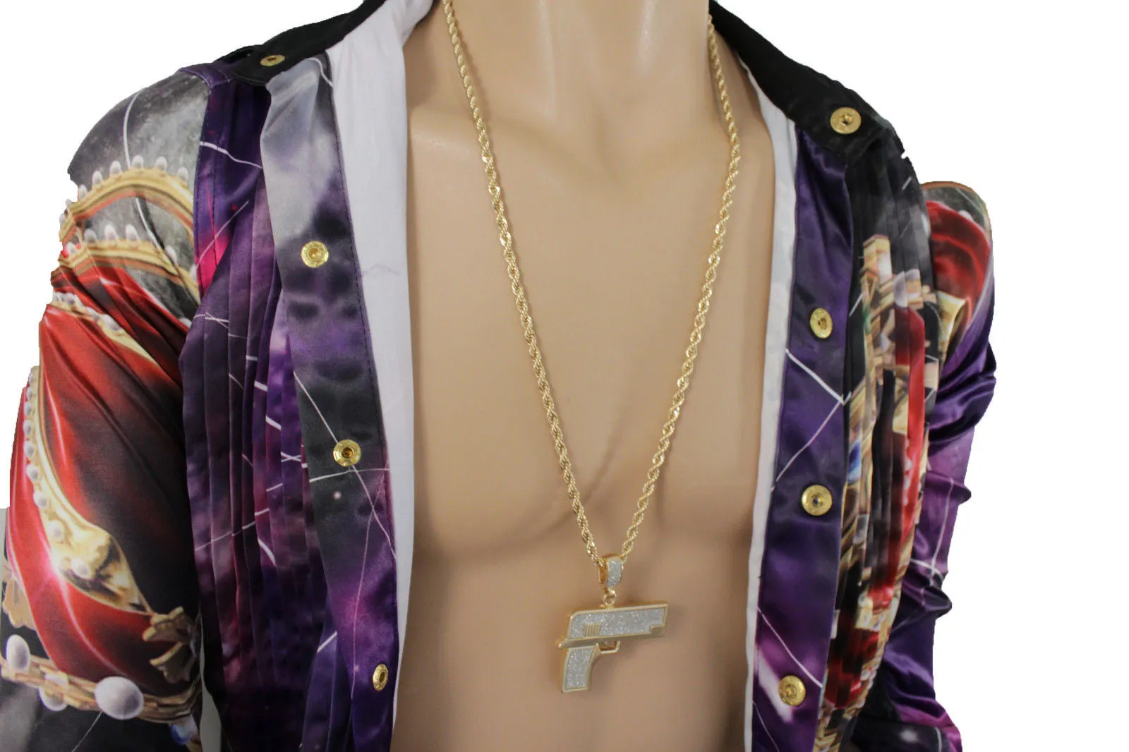Iced Out Gun Pendant Long Metal Chain Necklace