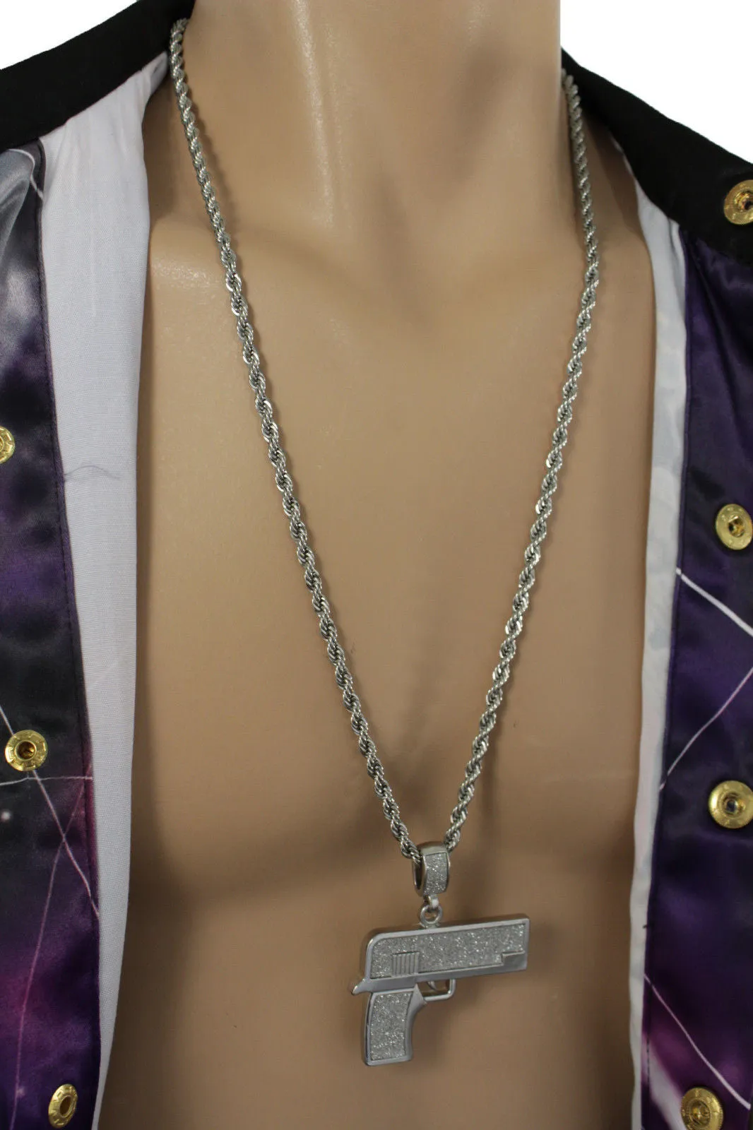 Iced Out Gun Pendant Long Metal Chain Necklace