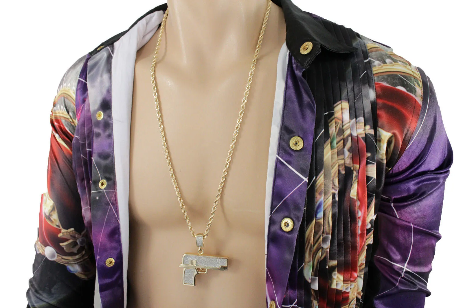 Iced Out Gun Pendant Long Metal Chain Necklace