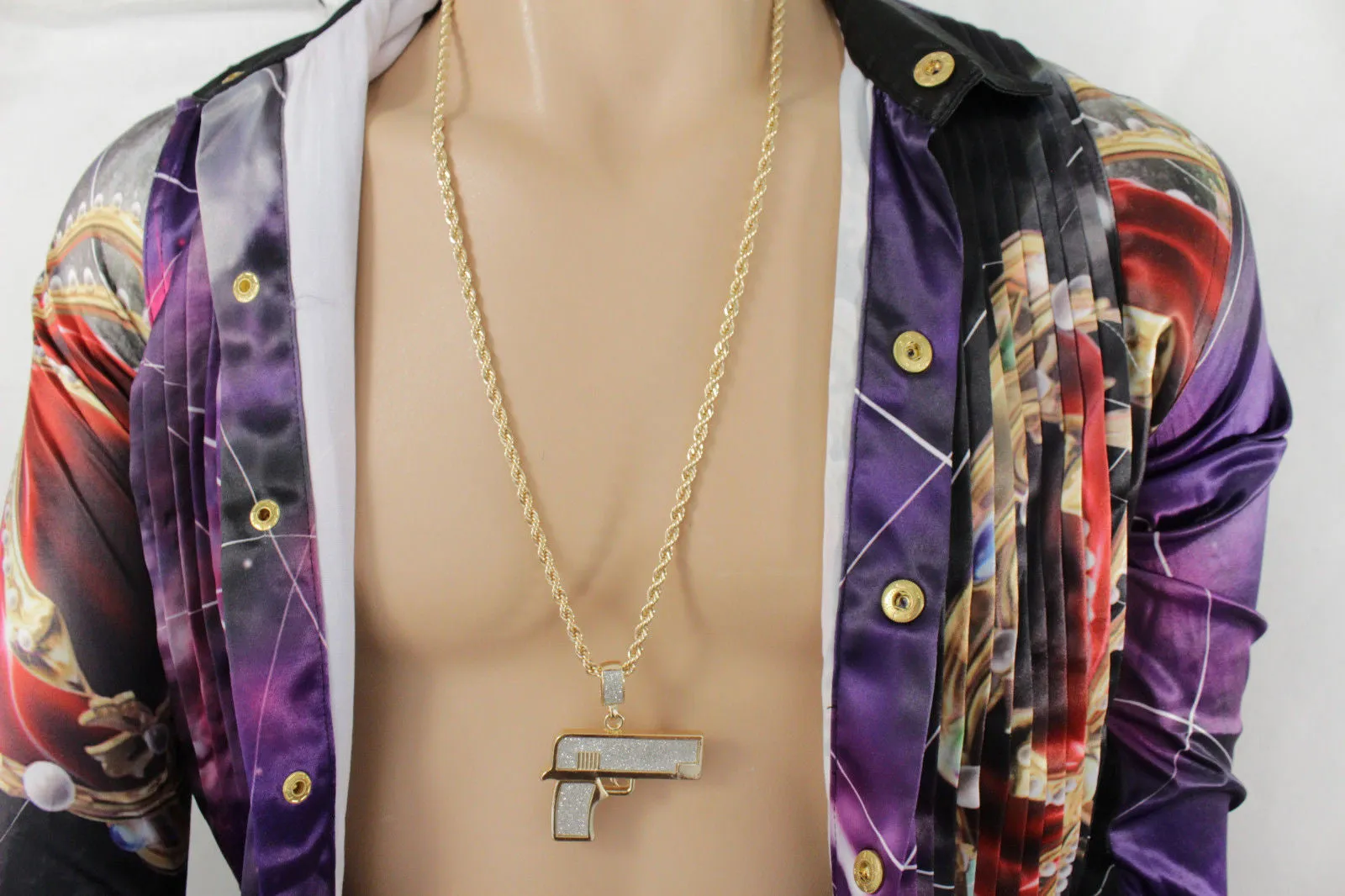 Iced Out Gun Pendant Long Metal Chain Necklace