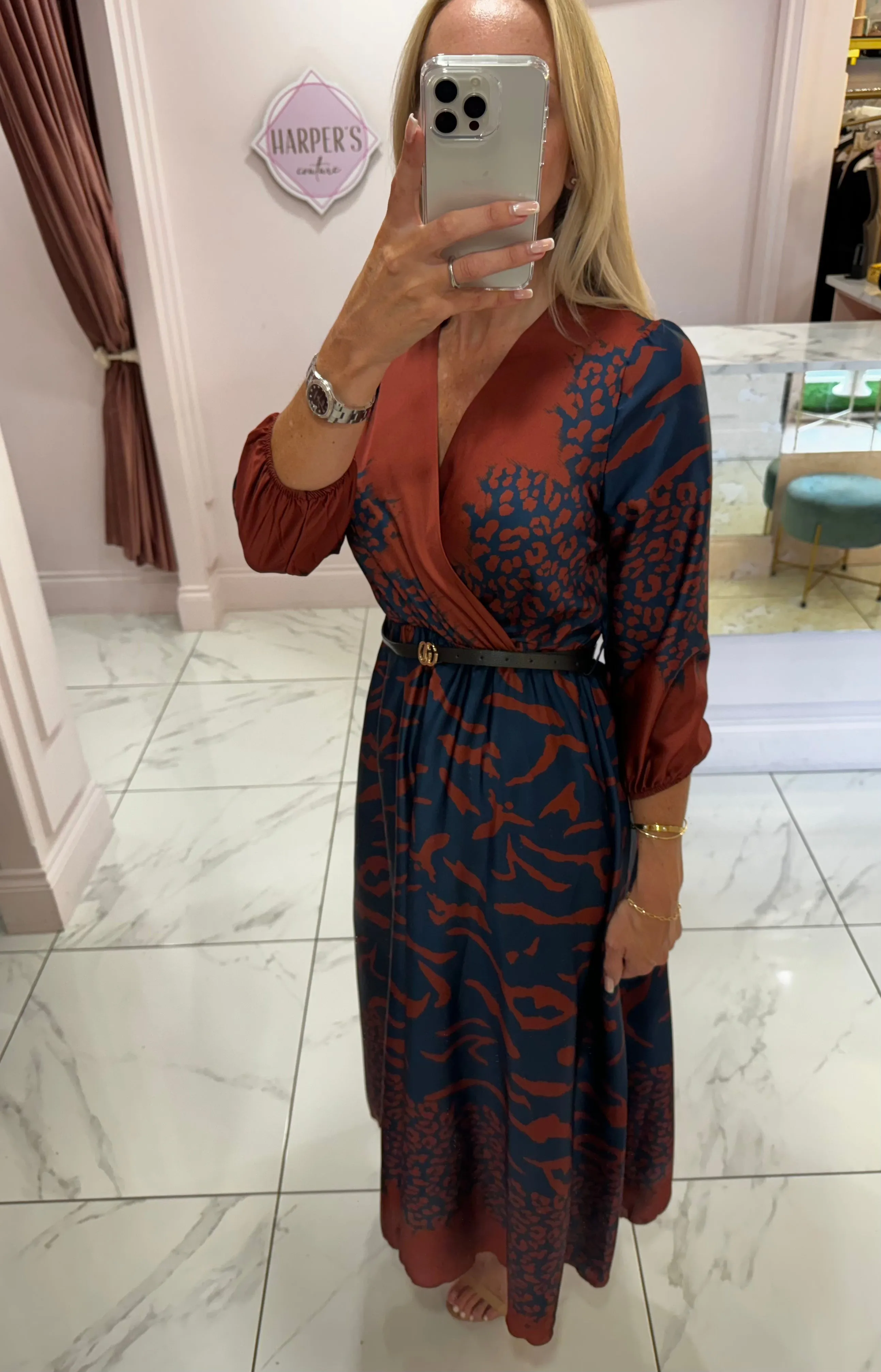 Ivy Animal Print Navy & Chocolate Belted Dress