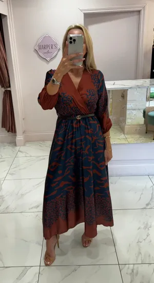 Ivy Animal Print Navy & Chocolate Belted Dress