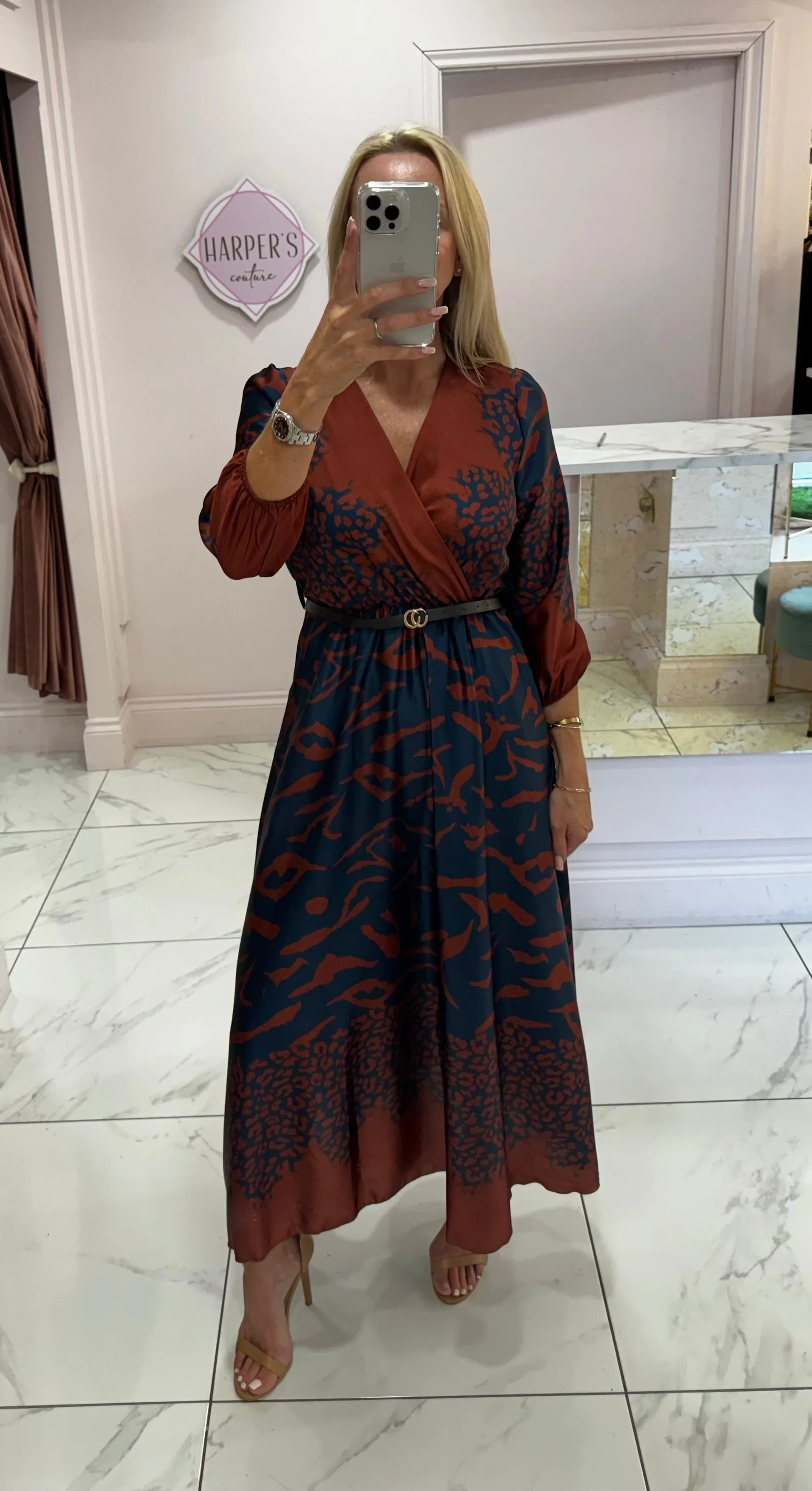 Ivy Animal Print Navy & Chocolate Belted Dress