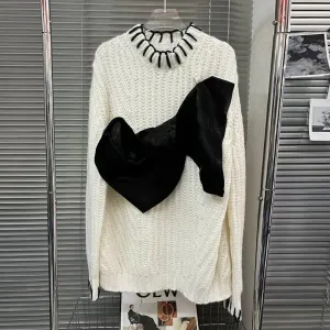 Loose Knitting Sweater For Women Round Neck Long Sleeve Patchwork Bowknot Colorblock Pullover Female Clothing
