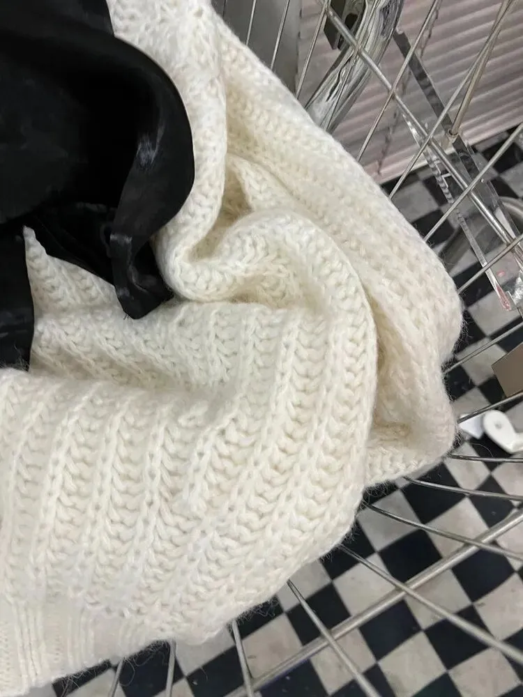 Loose Knitting Sweater For Women Round Neck Long Sleeve Patchwork Bowknot Colorblock Pullover Female Clothing