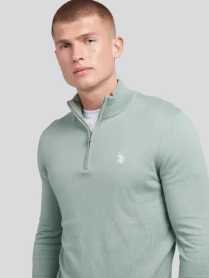 Mens Cotton Funnel Neck 1/4 Zip Knit in Chinois Green