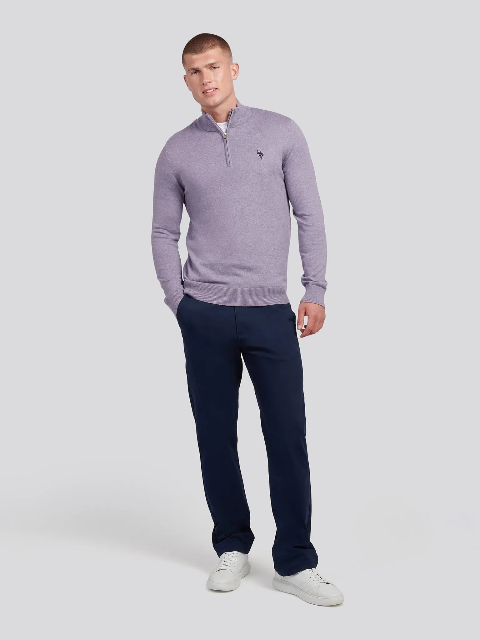 Mens Cotton Funnel Neck 1/4 Zip Knit in Dusk